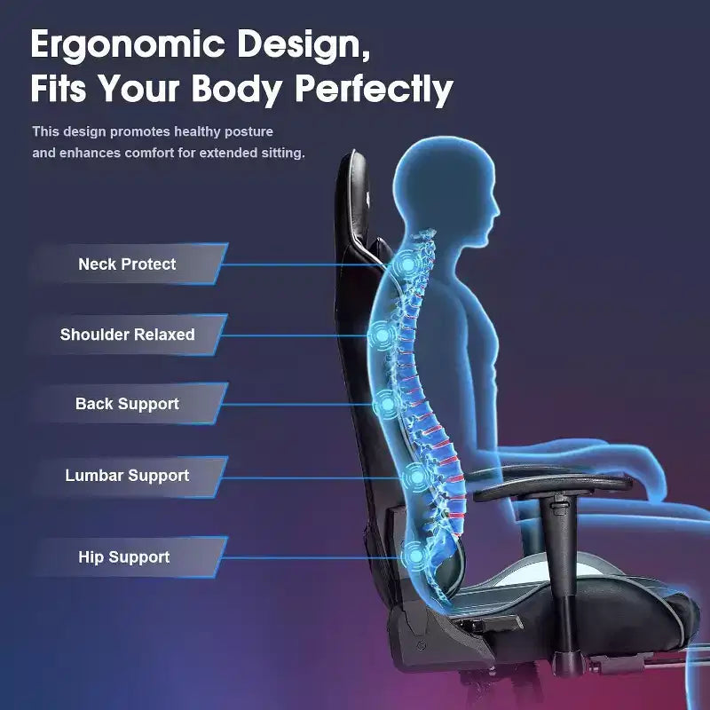 Chaise gaming ergonomique Douxlife moderne à massage 7 points avec repose-pieds et accoudoirs réglables, noir gris