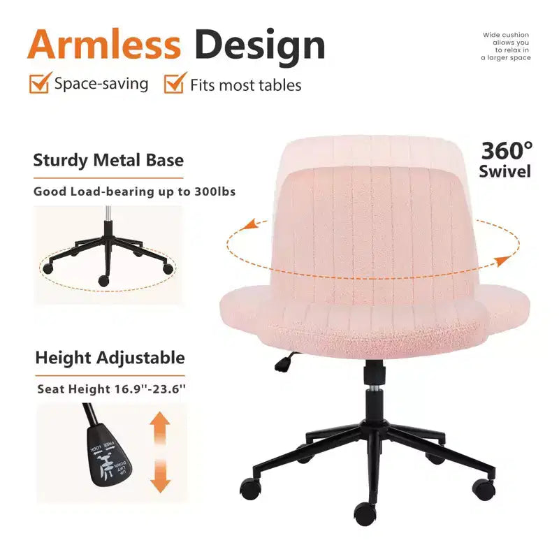 Chaise de bureau coiffeuse jambes croisées sans accoudoirs pivotante en tissu réglable en hauteur à assise large avec roulettes remplaçables/base fixe, chaise de travail confortable rembourrée