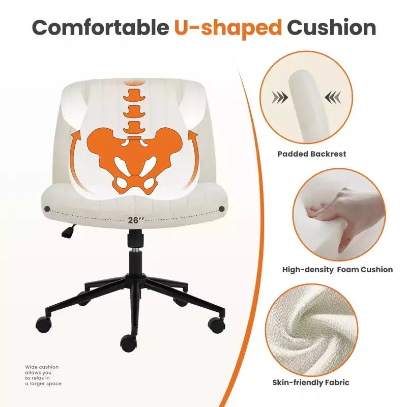 Chaise de bureau coiffeuse jambes croisées sans accoudoirs pivotante en tissu réglable en hauteur à assise large avec roulettes remplaçables/base fixe, chaise de travail confortable rembourrée