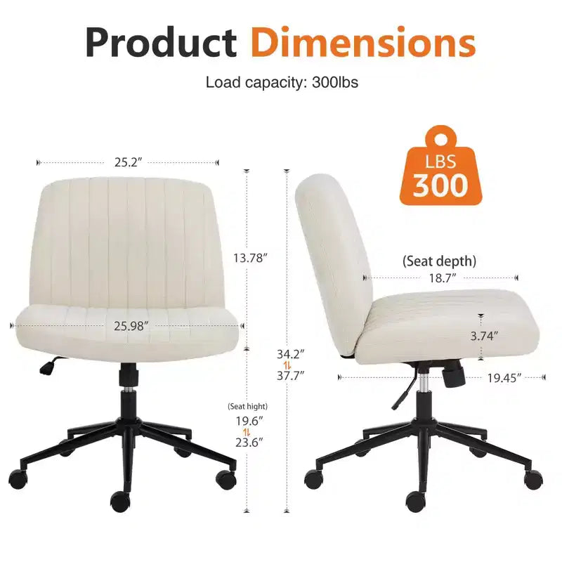 Chaise de bureau coiffeuse jambes croisées sans accoudoirs pivotante en tissu réglable en hauteur à assise large avec roulettes remplaçables/base fixe, chaise de travail confortable rembourrée