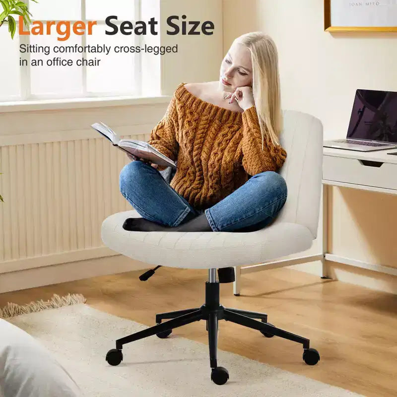 Chaise de bureau coiffeuse jambes croisées sans accoudoirs pivotante en tissu réglable en hauteur à assise large avec roulettes remplaçables/base fixe, chaise de travail confortable rembourrée
