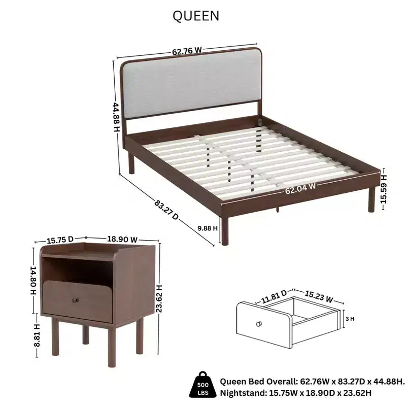 Roundhill Furniture Wyller Ensemble de chambre 3 pièces, lit plateforme avec deux tables de chevet, noyer naturel, Queen