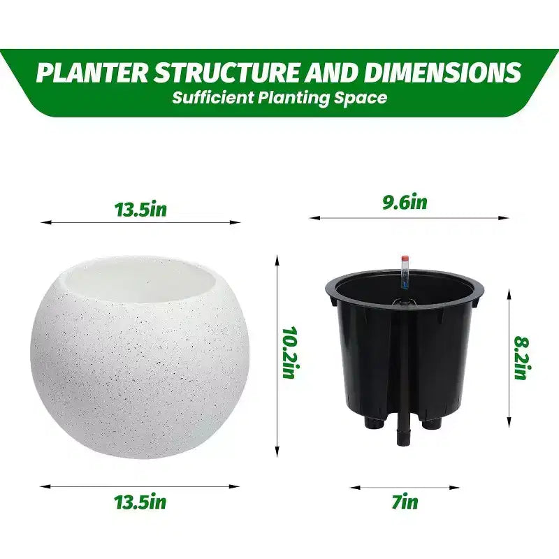 Pots de plantes d'interieur ronds à arrosage automatique 10,2 H x 13,5 dia (ouverture 10) avec drainage et indicateur de niveau d'eau, design à pois blancs