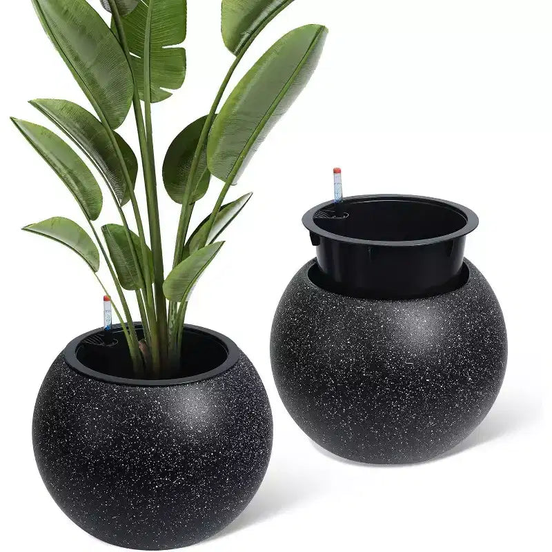 10.2 H x 13.5 Dia (10 Opening) Round Self-Watering Indoor Plant Pots with Drainage & Water Level Monitor, White Dot Design