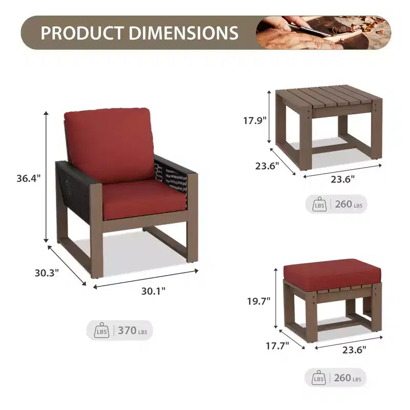 EAGLE PEAK Ensemble bistro 5 pièces en bois de cèdre naturel, mobilier de jardin, petit salon de balcon avec poufs et table basse