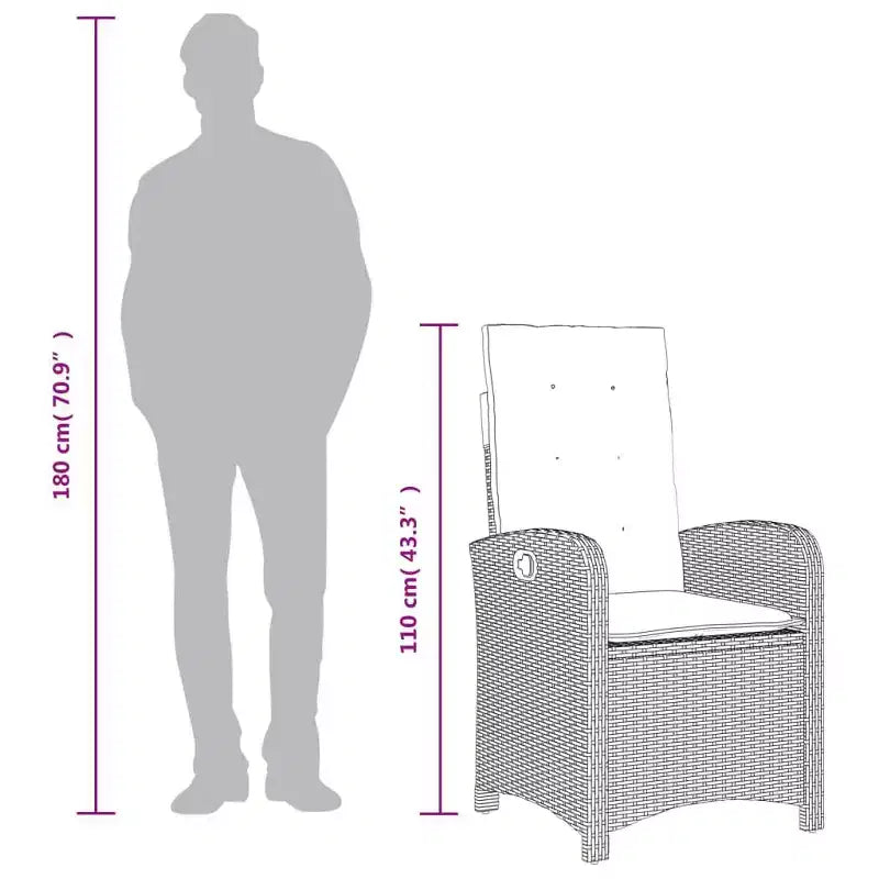 vidaXL Ensemble de bistro 3 pièces en rotin synthétique - Chaises inclinables réglables avec coussins et table ronde, résistant aux intempéries, gris/bleu marine