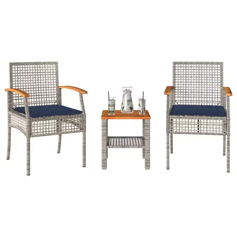 vidaXL Ensemble bistro 3 pièces avec coussins, résine tressée poly grise, bois d'acacia