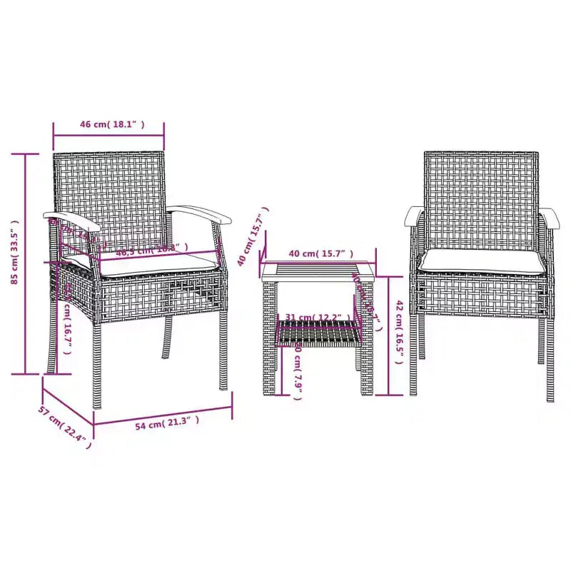 vidaXL Ensemble bistro 3 pièces avec coussins, résine tressée poly grise, bois d'acacia