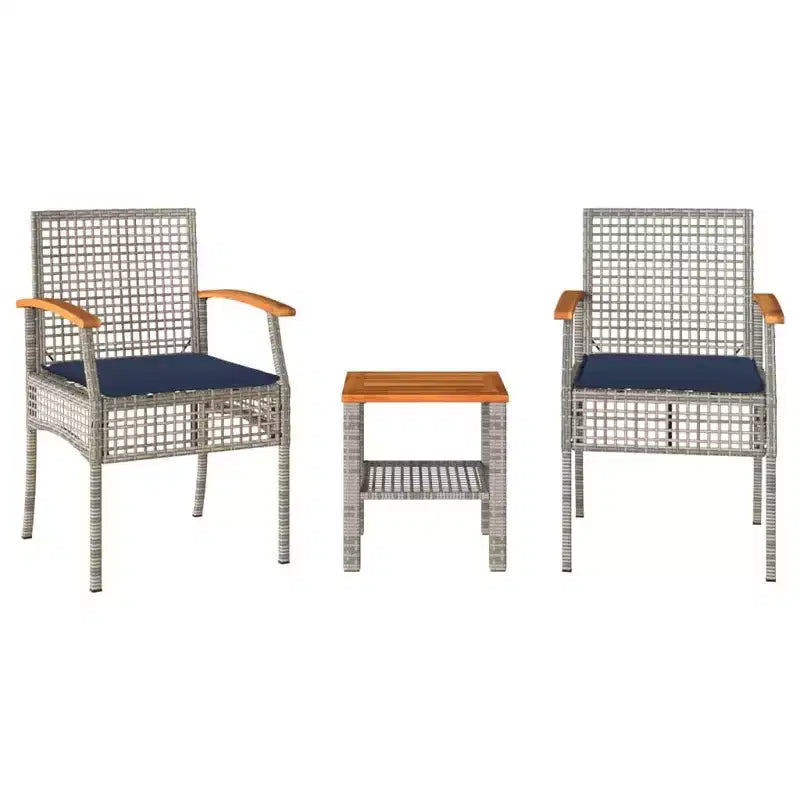 vidaXL Ensemble bistro 3 pièces avec coussins, résine tressée poly grise, bois d'acacia