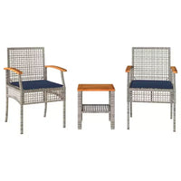 vidaXL Ensemble bistro 3 pièces avec coussins, résine tressée poly grise, bois d'acacia