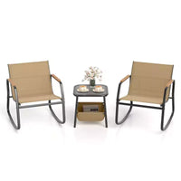 Ensemble bistro basculant 3 pièces Costway avec accoudoirs et plateau de table en PS, cadre en métal, marron/noir, sac de rangement inclus