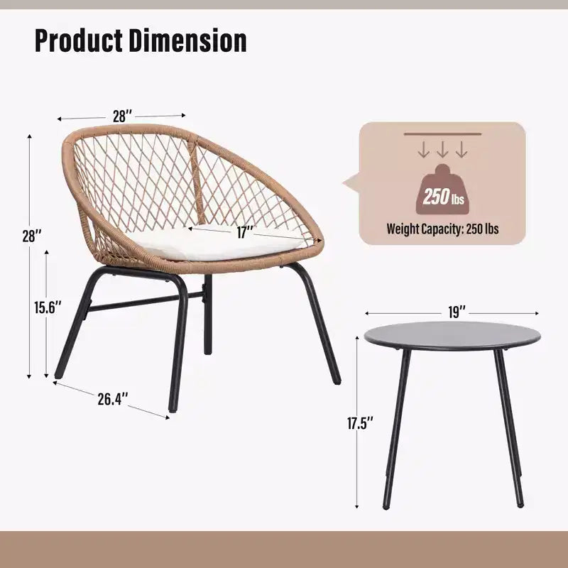 LAUSAINT Ensemble bistro 3 pièces en osier pour la maison, 2 chaises larges et table basse, parfait pour le porche, le jardin, le balcon