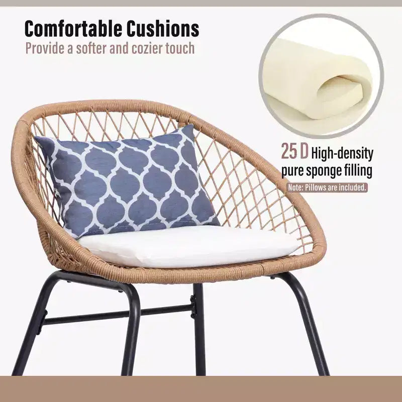 LAUSAINT Ensemble bistro 3 pièces en osier pour la maison, 2 chaises larges et table basse, parfait pour le porche, le jardin, le balcon