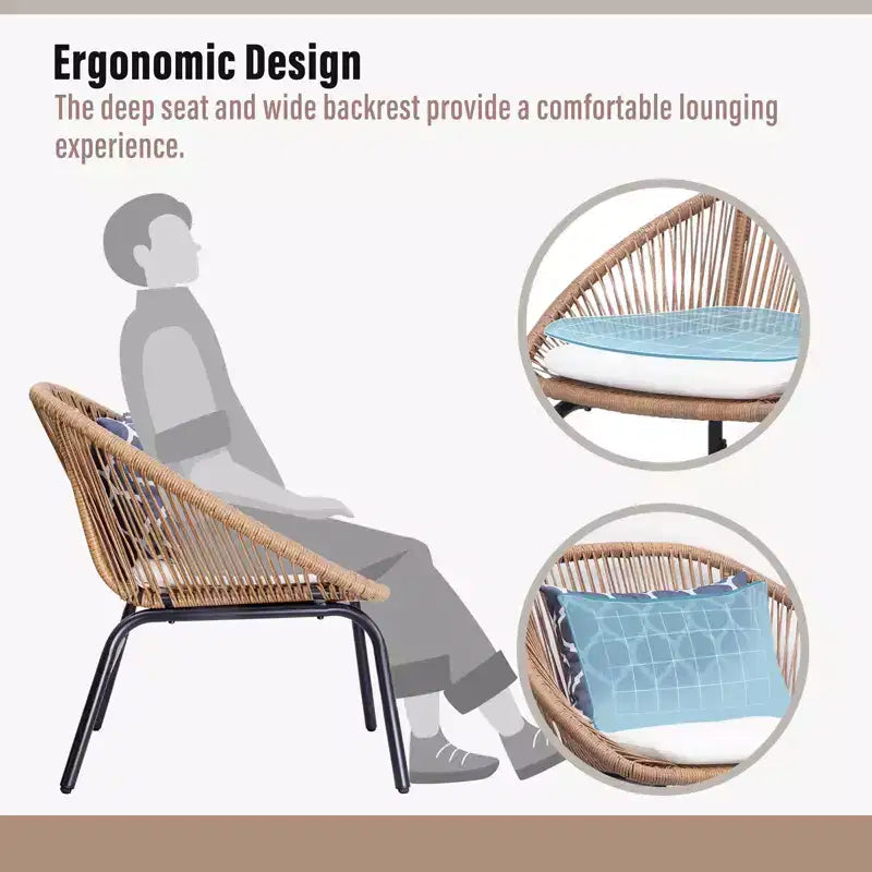 LAUSAINT Ensemble bistro 3 pièces en osier pour la maison, 2 chaises larges et table basse, parfait pour le porche, le jardin, le balcon