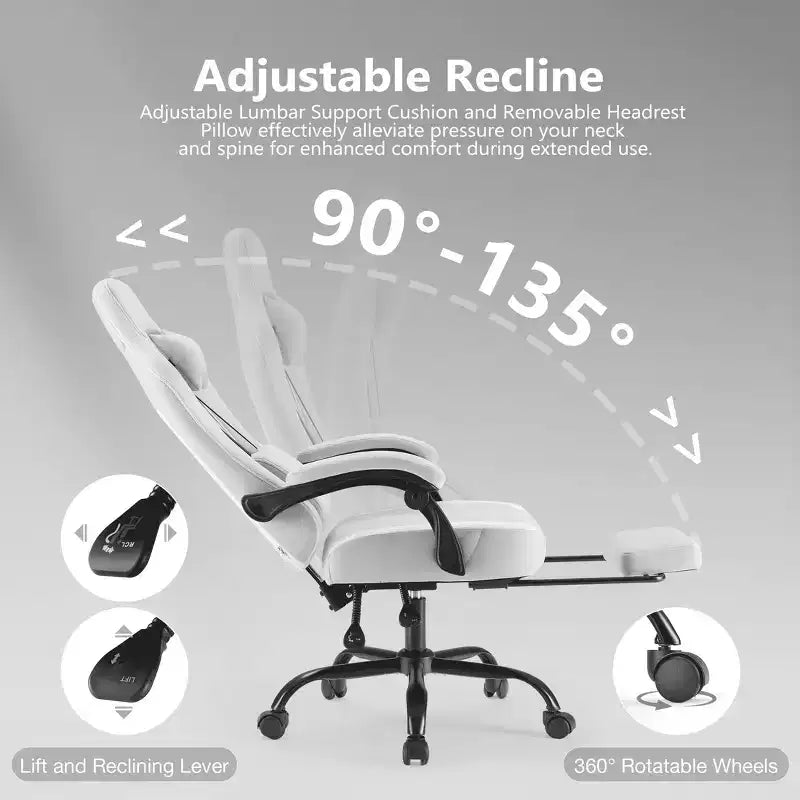 Chaise gaming d'ordinateur MAYEERTY avec soutien lombaire, hauteur réglable, roulettes rotatives à 360°, accoudoirs et appuie-têtes inclus