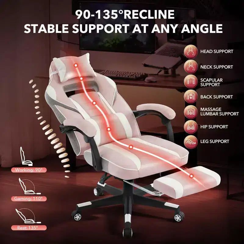 Chaise rose fleur de cerisier avec repose-pieds, chaise d'ordinateur ergonomique avec soutien lombaire et appui-tête, chaises de direction à base pivotante à 360° et hauteur réglable
