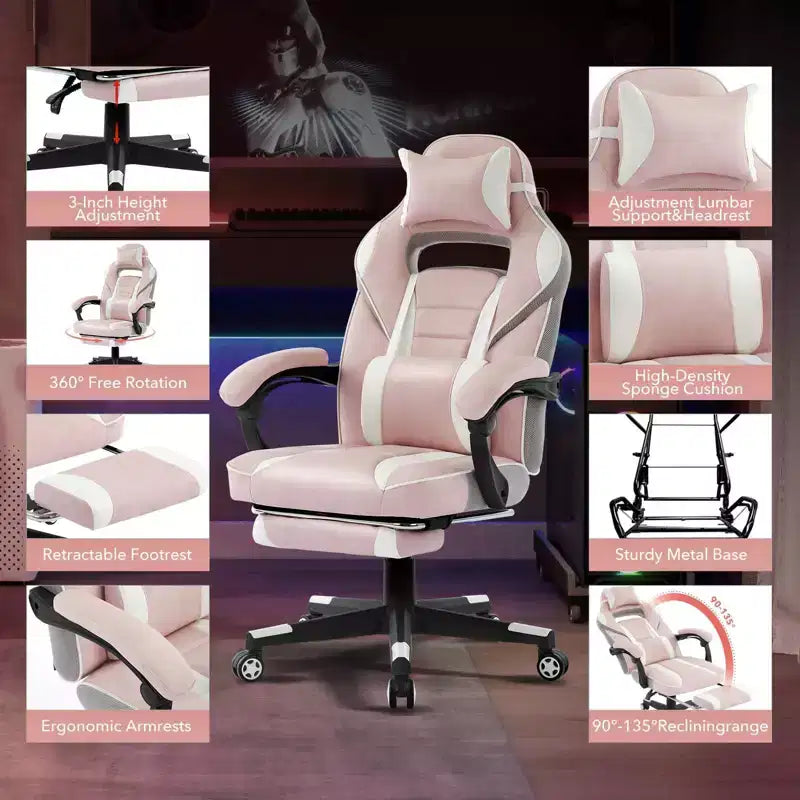 Chaise rose fleur de cerisier avec repose-pieds, chaise d'ordinateur ergonomique avec soutien lombaire et appui-tête, chaises de direction à base pivotante à 360° et hauteur réglable