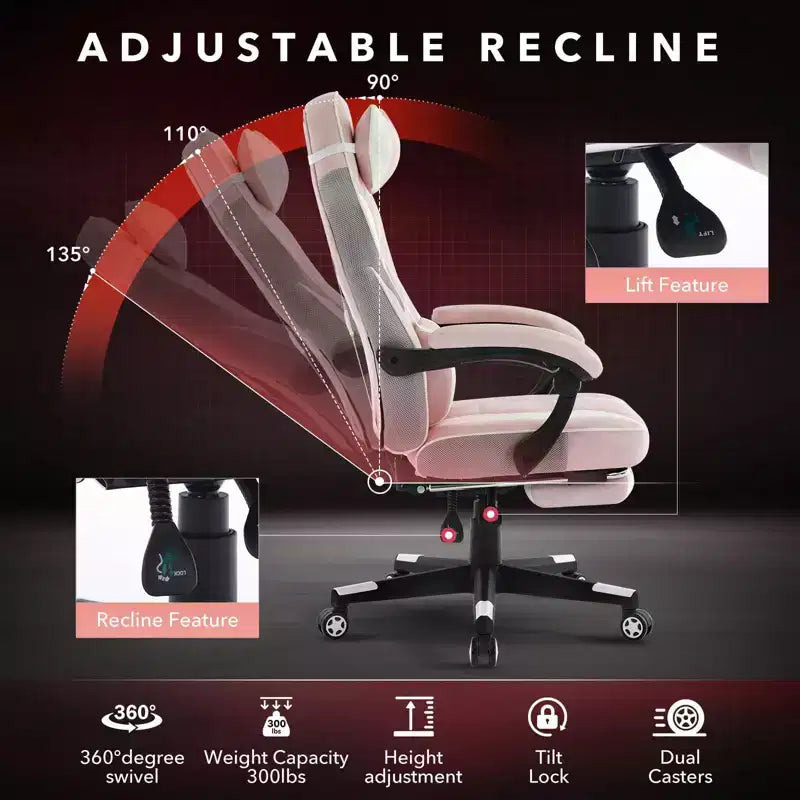 Chaise rose fleur de cerisier avec repose-pieds, chaise d'ordinateur ergonomique avec soutien lombaire et appui-tête, chaises de direction à base pivotante à 360° et hauteur réglable