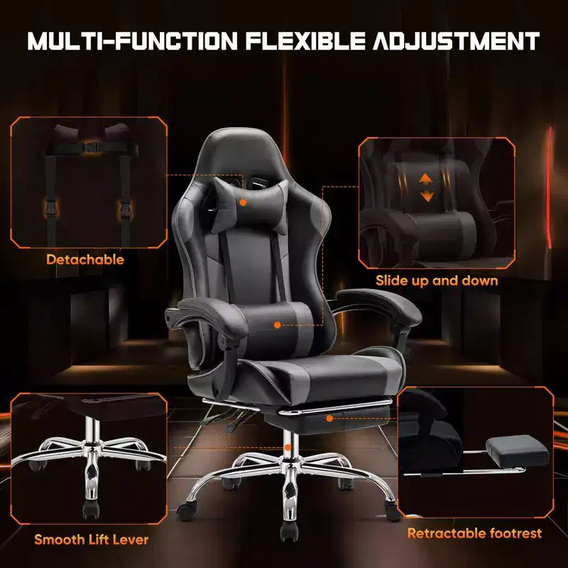 Chaise gaming MAYEERTY, chaise de bureau de jeu vidéo ergonomique pour ordinateur avec repose-pieds, soutien lombaire confortable, chaise inclinable en cuir PU avec appui-tête, accoudoir relevable fixe