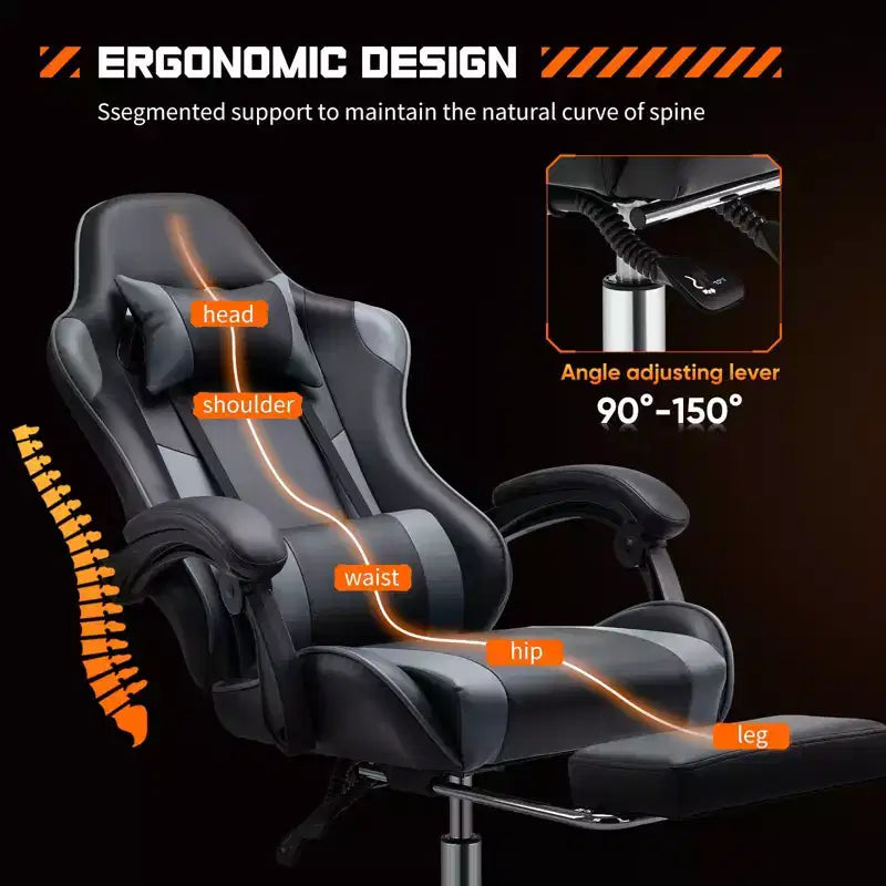 Chaise gaming MAYEERTY, chaise de bureau de jeu vidéo ergonomique pour ordinateur avec repose-pieds, soutien lombaire confortable, chaise inclinable en cuir PU avec appui-tête, accoudoir relevable fixe