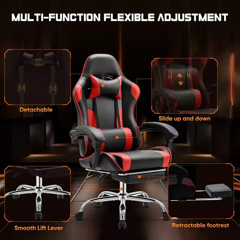 Chaise gaming MAYEERTY, chaise de bureau de jeu vidéo ergonomique pour ordinateur avec repose-pieds, soutien lombaire confortable, chaise inclinable en cuir PU avec appui-tête, accoudoir relevable fixe