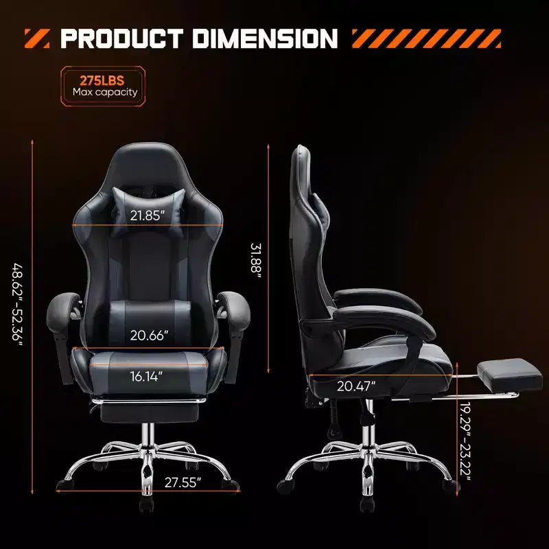 Chaise gaming ergonomique Okak avec repose-pieds et soutien lombaire, chaise d'ordinateur avec appui-tête et accoudoir, chaise à roulettes pour l'étude, le bureau