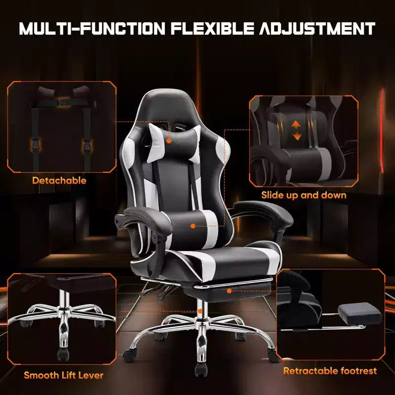 Chaise gaming ergonomique Okak avec repose-pieds et soutien lombaire, chaise d'ordinateur avec appui-tête et accoudoir, chaise à roulettes pour l'étude, le bureau