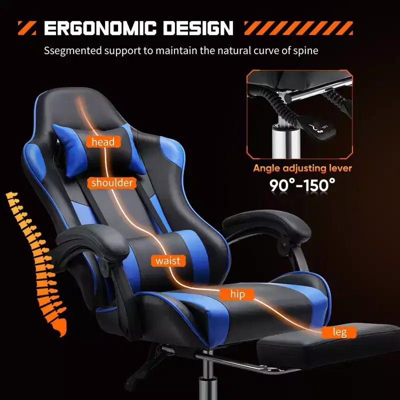Chaise gaming ergonomique Okak avec repose-pieds et soutien lombaire, chaise d'ordinateur avec appui-tête et accoudoir, chaise à roulettes pour l'étude, le bureau
