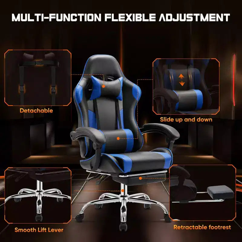 Chaise gaming ergonomique Okak avec repose-pieds et soutien lombaire, chaise d'ordinateur avec appui-tête et accoudoir, chaise à roulettes pour l'étude, le bureau
