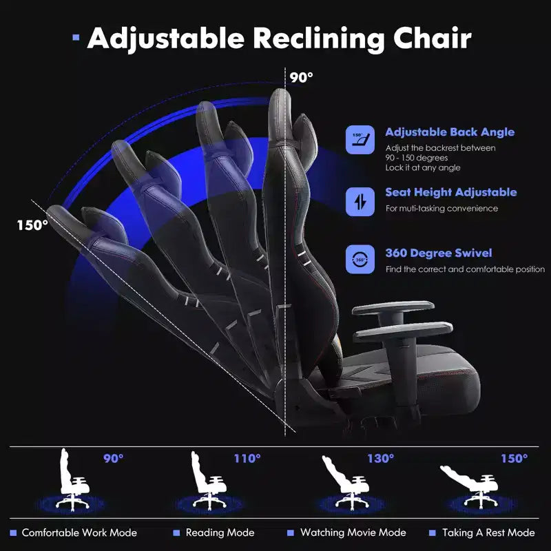 Chaise gaming ergonomique Okak à dossier haut avec coussin cervical amovible, chaise d'ordinateur à assise rembourrée et soutien lombaire, chaise confortable pour la maison, noir