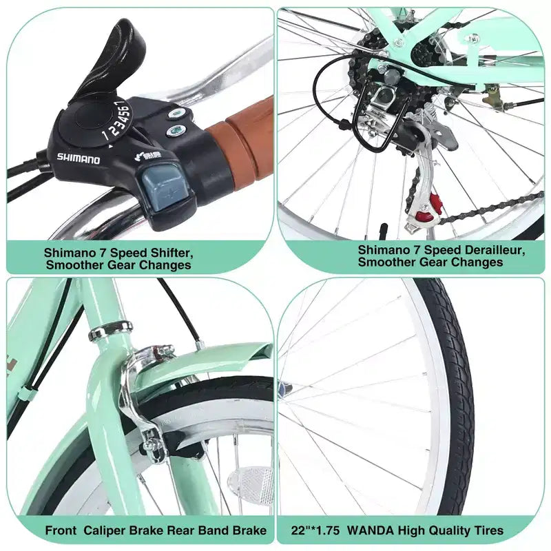 Vélo de croisière Okak 22 pouces avec panier avant, vélo fille à cadre en acier, frein en V et selle confortable, vélo adulte pour filles et femmes