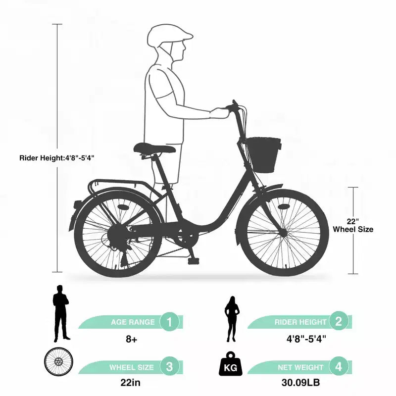 Vélo de croisière Okak 22 pouces avec panier avant, vélo fille à cadre en acier, frein en V et selle confortable, vélo adulte pour filles et femmes