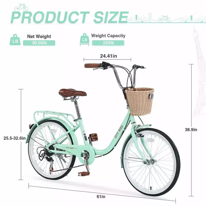 Vélo de croisière Okak 22 pouces avec panier avant, vélo fille à cadre en acier, frein en V et selle confortable, vélo adulte pour filles et femmes