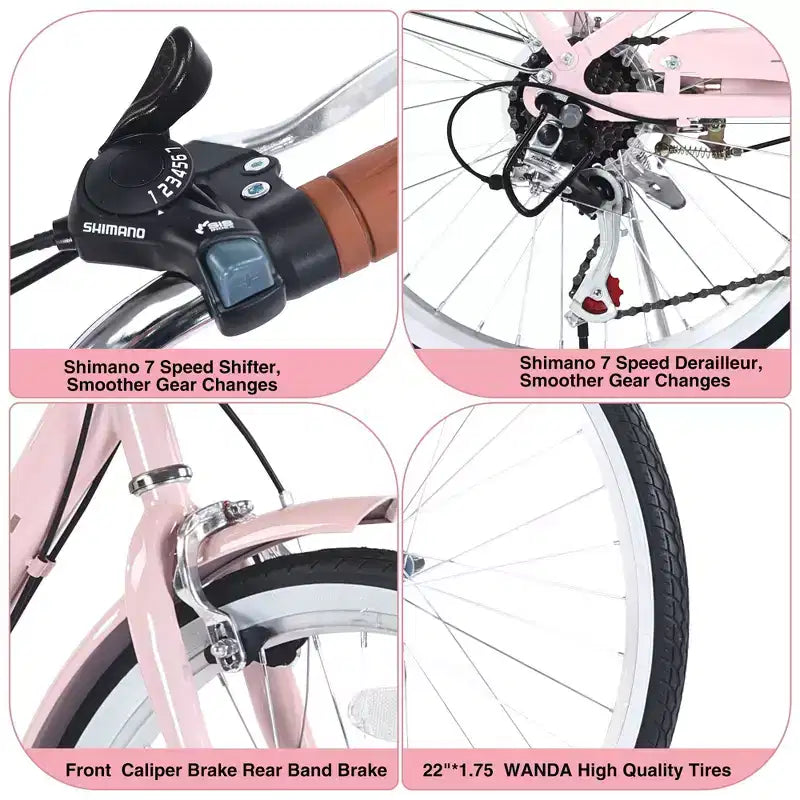 Vélo de croisière Okak 22 pouces avec panier avant, vélo fille à cadre en acier, frein en V et selle confortable, vélo adulte pour filles et femmes