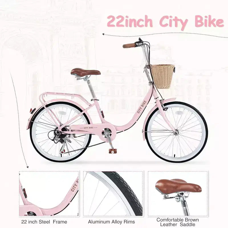 Vélo de croisière Okak 22 pouces avec panier avant, vélo fille à cadre en acier, frein en V et selle confortable, vélo adulte pour filles et femmes