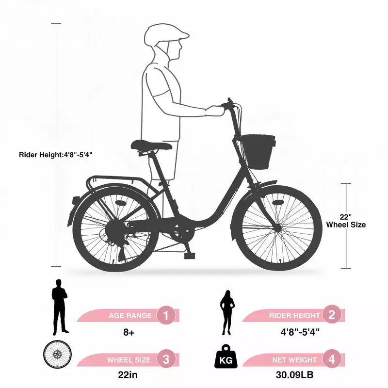Vélo de croisière Okak 22 pouces avec panier avant, vélo fille à cadre en acier, frein en V et selle confortable, vélo adulte pour filles et femmes