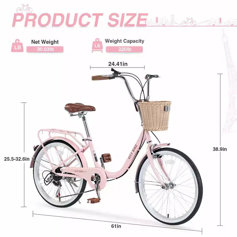 Vélo de croisière Okak 22 pouces avec panier avant, vélo fille à cadre en acier, frein en V et selle confortable, vélo adulte pour filles et femmes