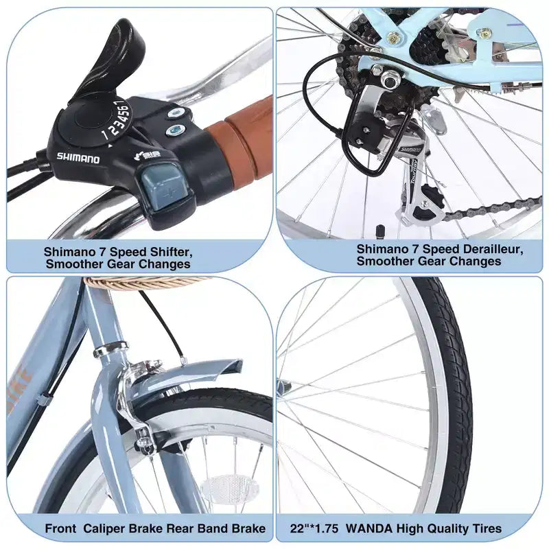 Vélo de croisière Okak 22 pouces avec panier avant, vélo fille à cadre en acier, frein en V et selle confortable, vélo adulte pour filles et femmes