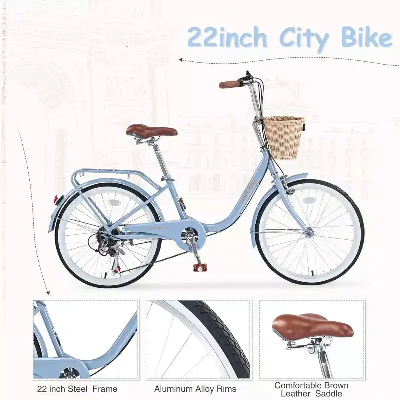 Vélo de croisière Okak 22 pouces avec panier avant, vélo fille à cadre en acier, frein en V et selle confortable, vélo adulte pour filles et femmes
