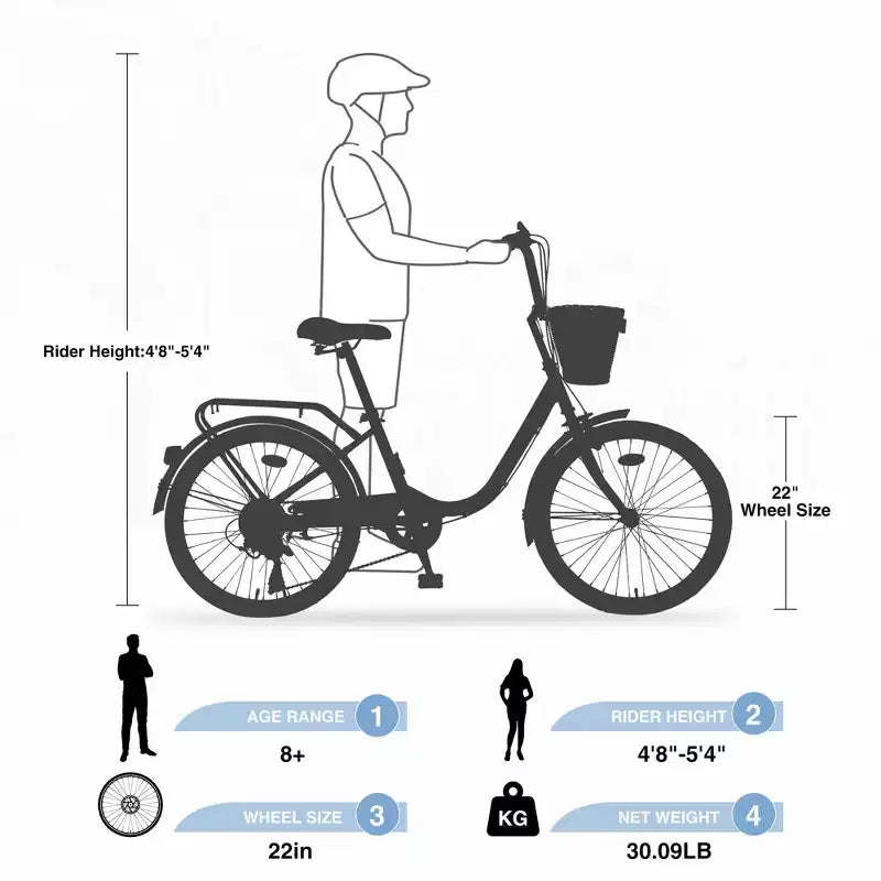 Vélo de croisière Okak 22 pouces avec panier avant, vélo fille à cadre en acier, frein en V et selle confortable, vélo adulte pour filles et femmes