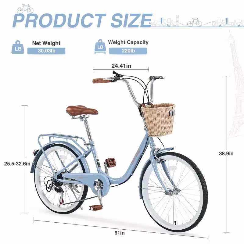 Vélo de croisière Okak 22 pouces avec panier avant, vélo fille à cadre en acier, frein en V et selle confortable, vélo adulte pour filles et femmes