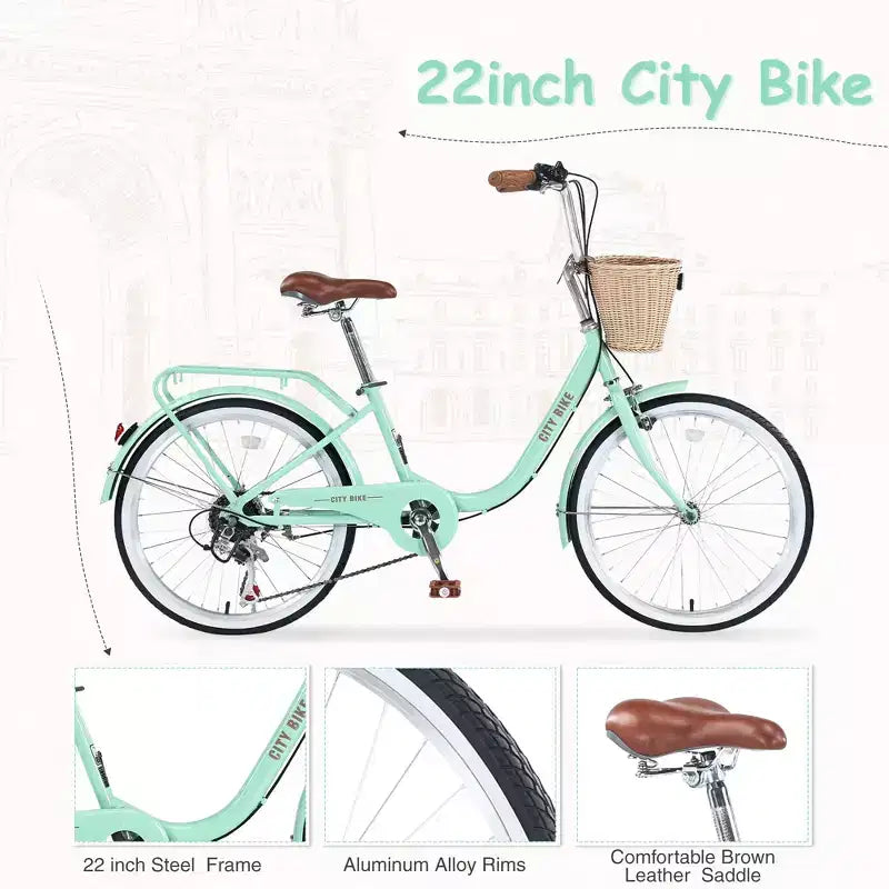 Vélo de croisière Okak 22 pouces avec panier avant, vélo fille à cadre en acier, frein en V et selle confortable, vélo adulte pour filles et femmes