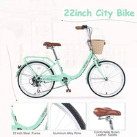 Vélo de croisière Okak 22 pouces avec panier avant, vélo fille à cadre en acier, frein en V et selle confortable, vélo adulte pour filles et femmes