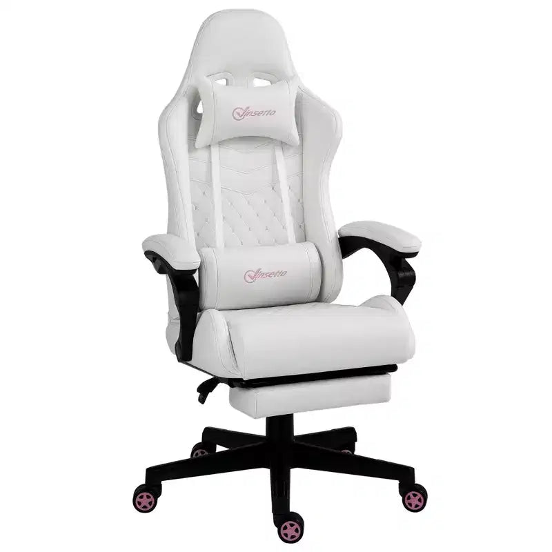 Chaise de jeu en cuir PU à dossier haut, Chaise d'ordinateur de course avec roulettes pivotantes, repose-pieds rétractable, appui-tête, support lombaire et accoudoirs