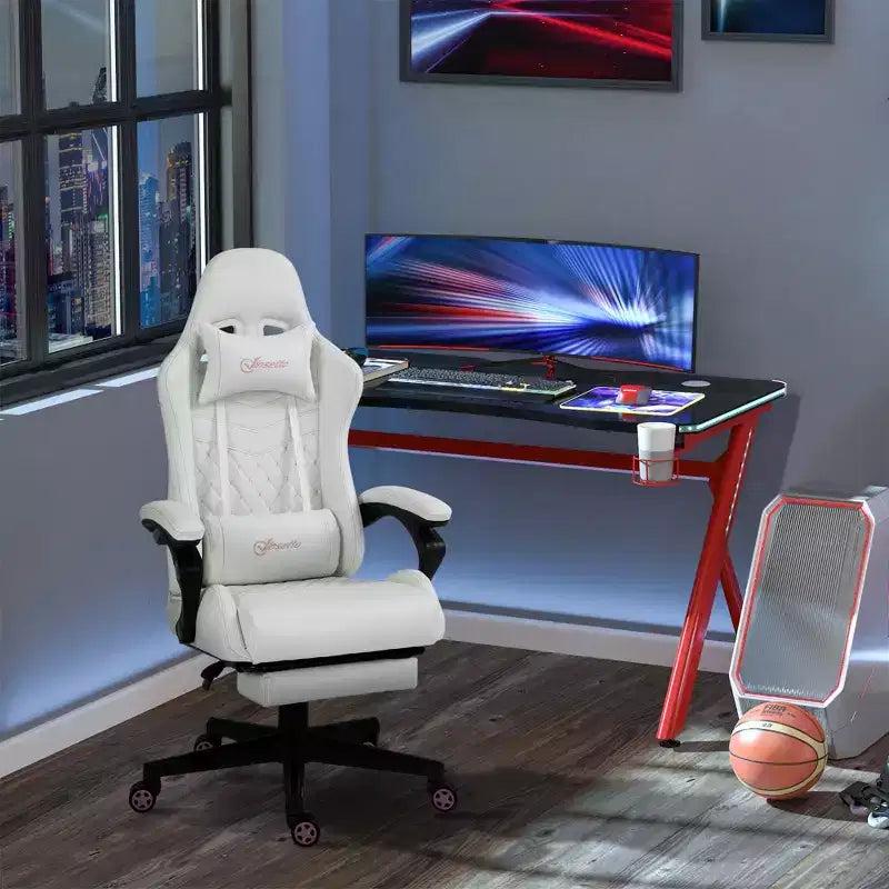 Chaise gaming en cuir PU à dossier haut, chaise d'ordinateur de course avec roulettes pivotantes, repose-pieds rétractable, appui-tête, soutien lombaire et accoudoir