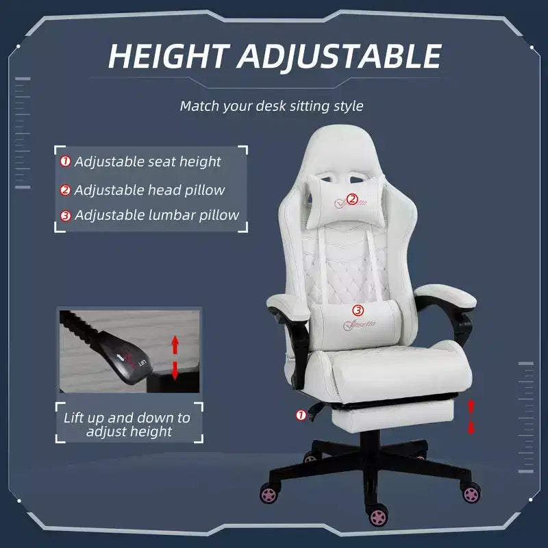 Chaise gaming en cuir PU à dossier haut, chaise d'ordinateur de course avec roulettes pivotantes, repose-pieds rétractable, appui-tête, soutien lombaire et accoudoir