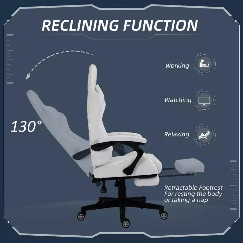 Chaise gaming en cuir PU à dossier haut, chaise d'ordinateur de course avec roulettes pivotantes, repose-pieds rétractable, appui-tête, soutien lombaire et accoudoir