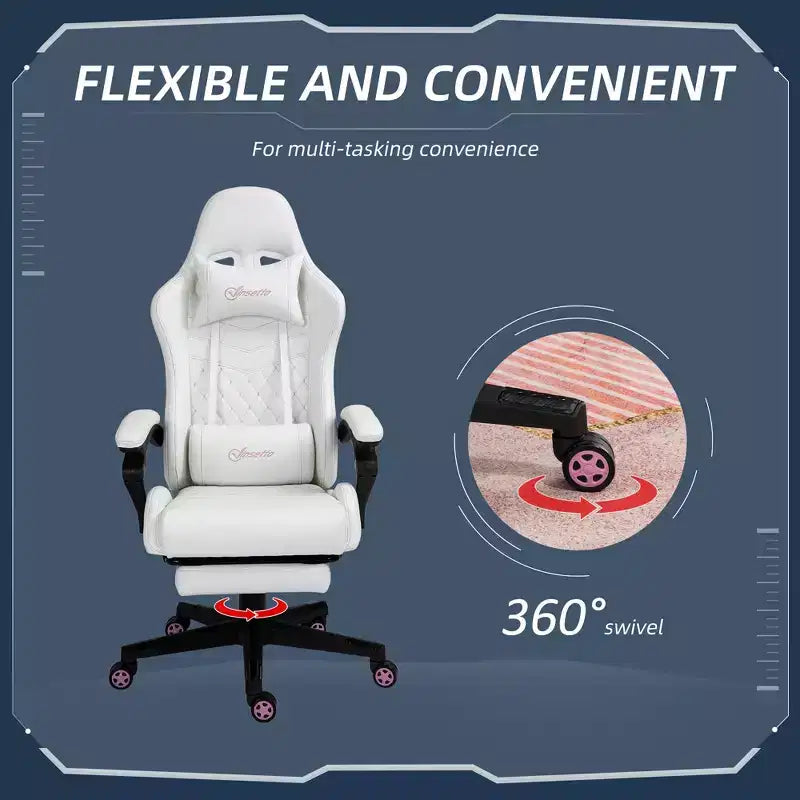 Chaise gaming en cuir PU à dossier haut, chaise d'ordinateur de course avec roulettes pivotantes, repose-pieds rétractable, appui-tête, soutien lombaire et accoudoir