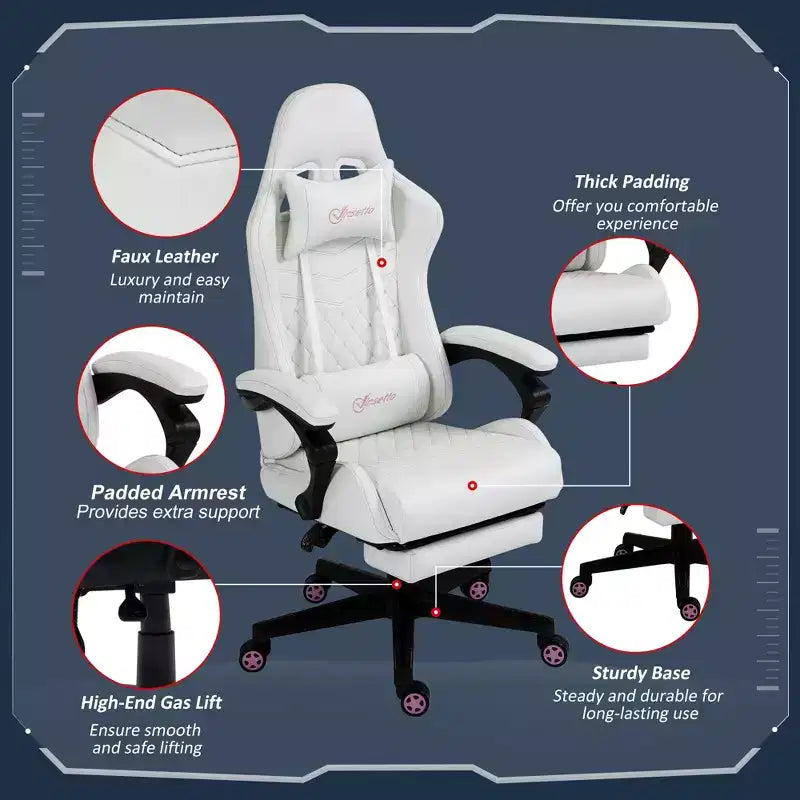 Chaise gaming en cuir PU à dossier haut, chaise d'ordinateur de course avec roulettes pivotantes, repose-pieds rétractable, appui-tête, soutien lombaire et accoudoir