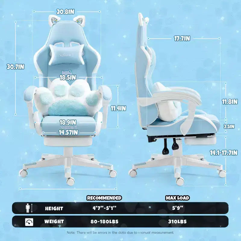 Chaise gaming pivotante chat mignon moderne Okak avec coussin lombaire en forme de patte, chaise de travail ergonomique haute, chaise d'ordinateur pour adultes